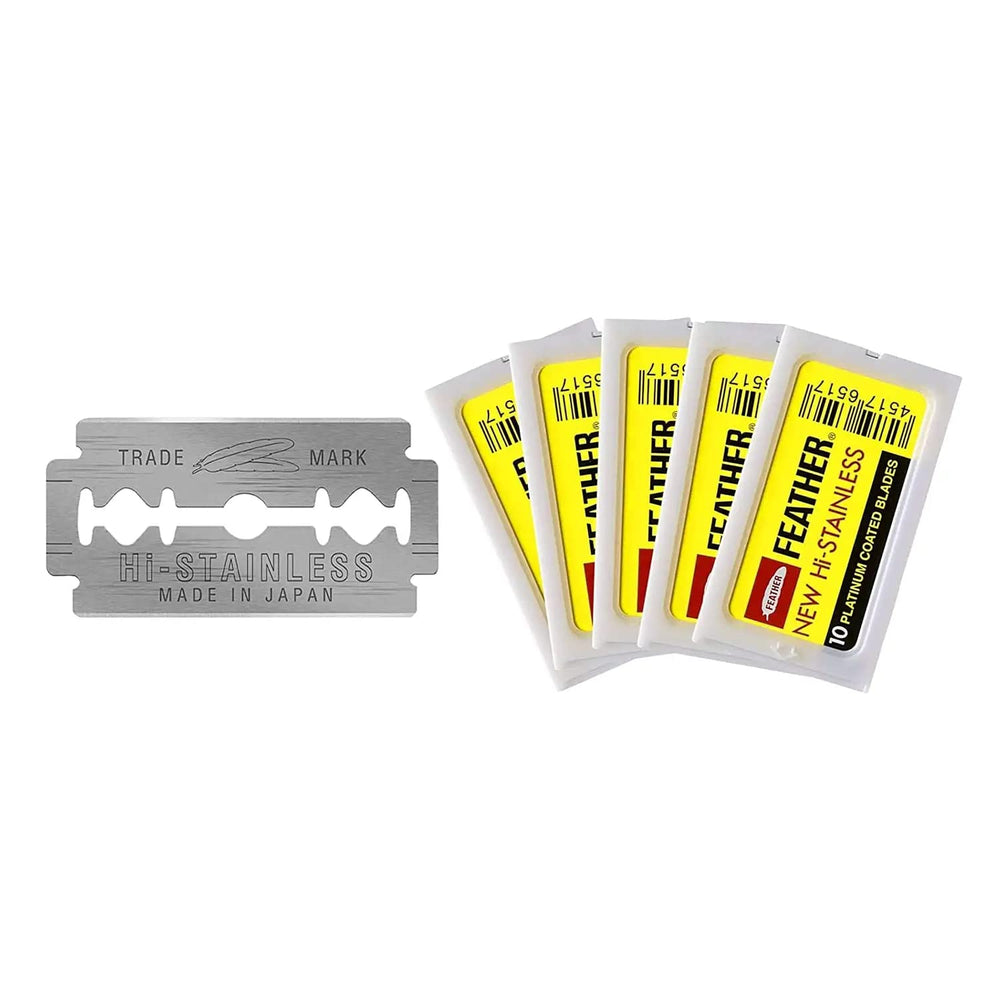 Cuchillas Feather doble filo 50 unidades para afeitado cercano y suave.