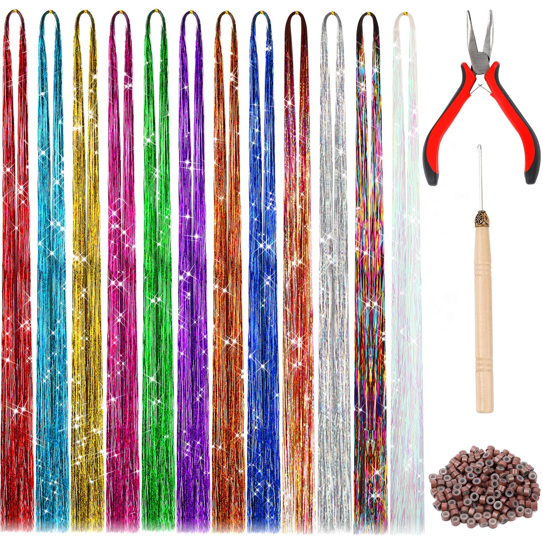 FEBSNOW extensiones tinsel 47 pulgadas, brillo festivo para peinados.
