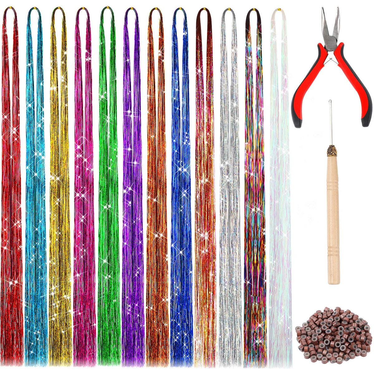 FEBSNOW extensiones tinsel 47 pulgadas, brillo festivo para peinados.