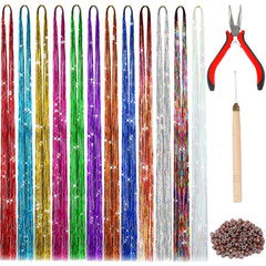 FEBSNOW extensiones tinsel 47 pulgadas, brillo festivo para peinados.