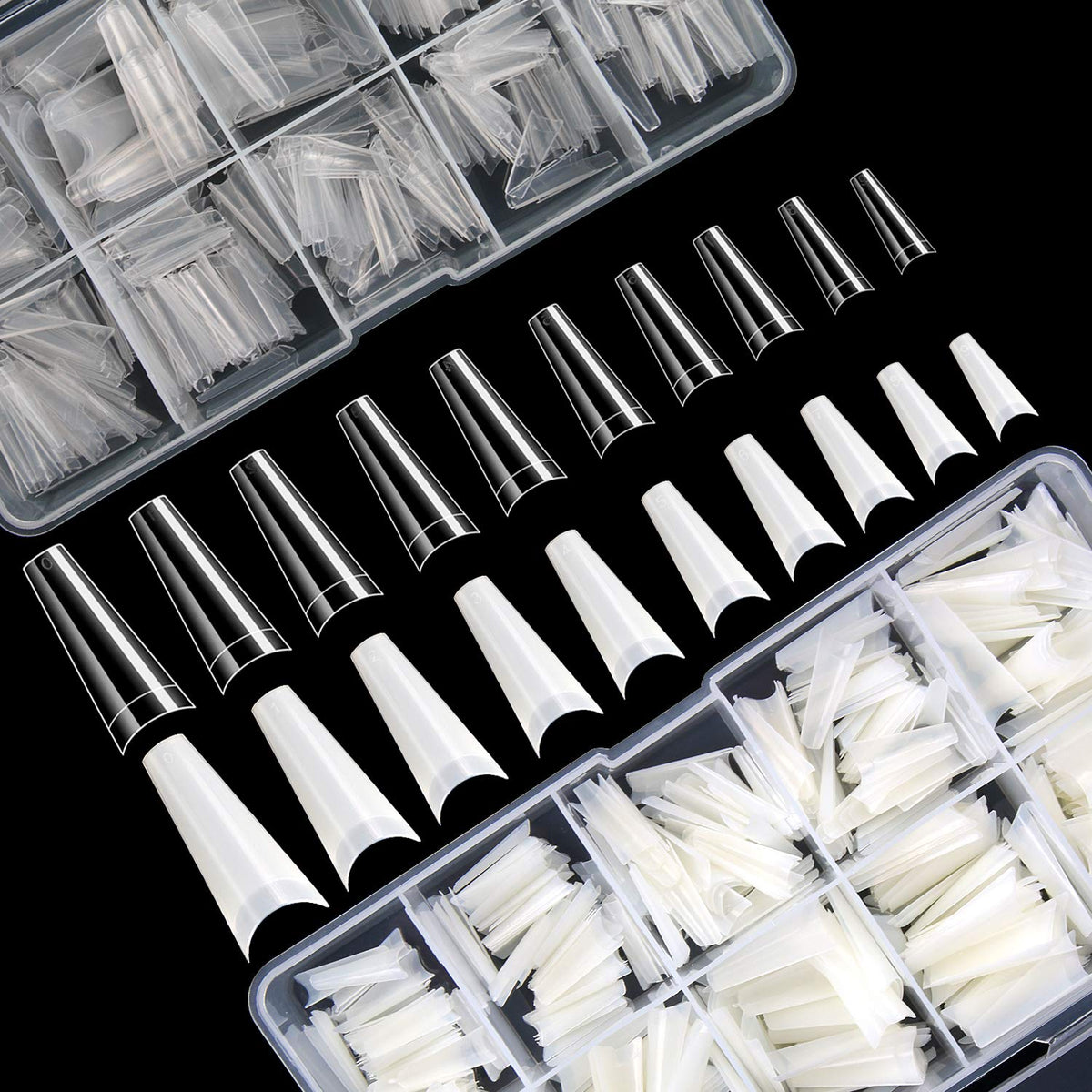 FEBSNOW uñas acrílicas en forma ballerina con cajas transparentes por tallas para organización