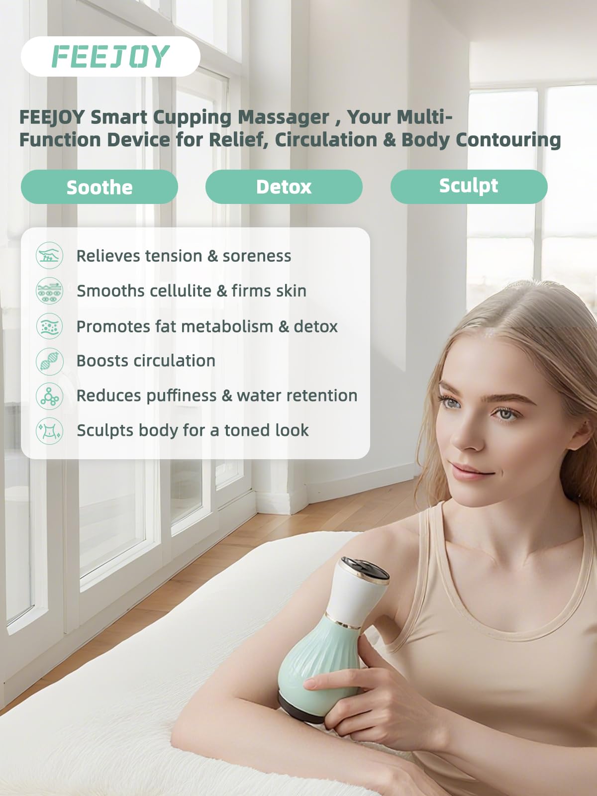 Cabezal caliente de FEEJOY para relajar músculos y mejorar circulación.