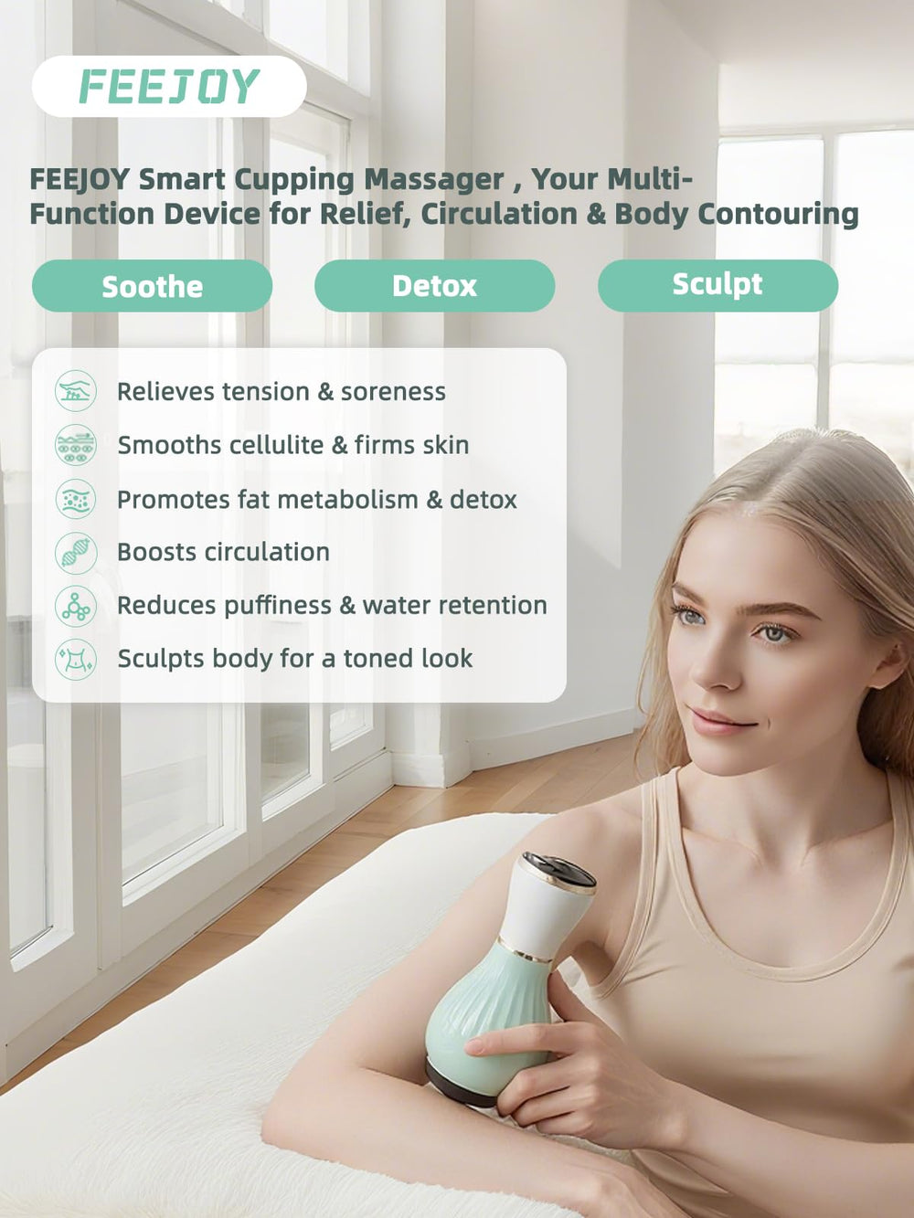 Cabezal caliente de FEEJOY para relajar músculos y mejorar circulación.