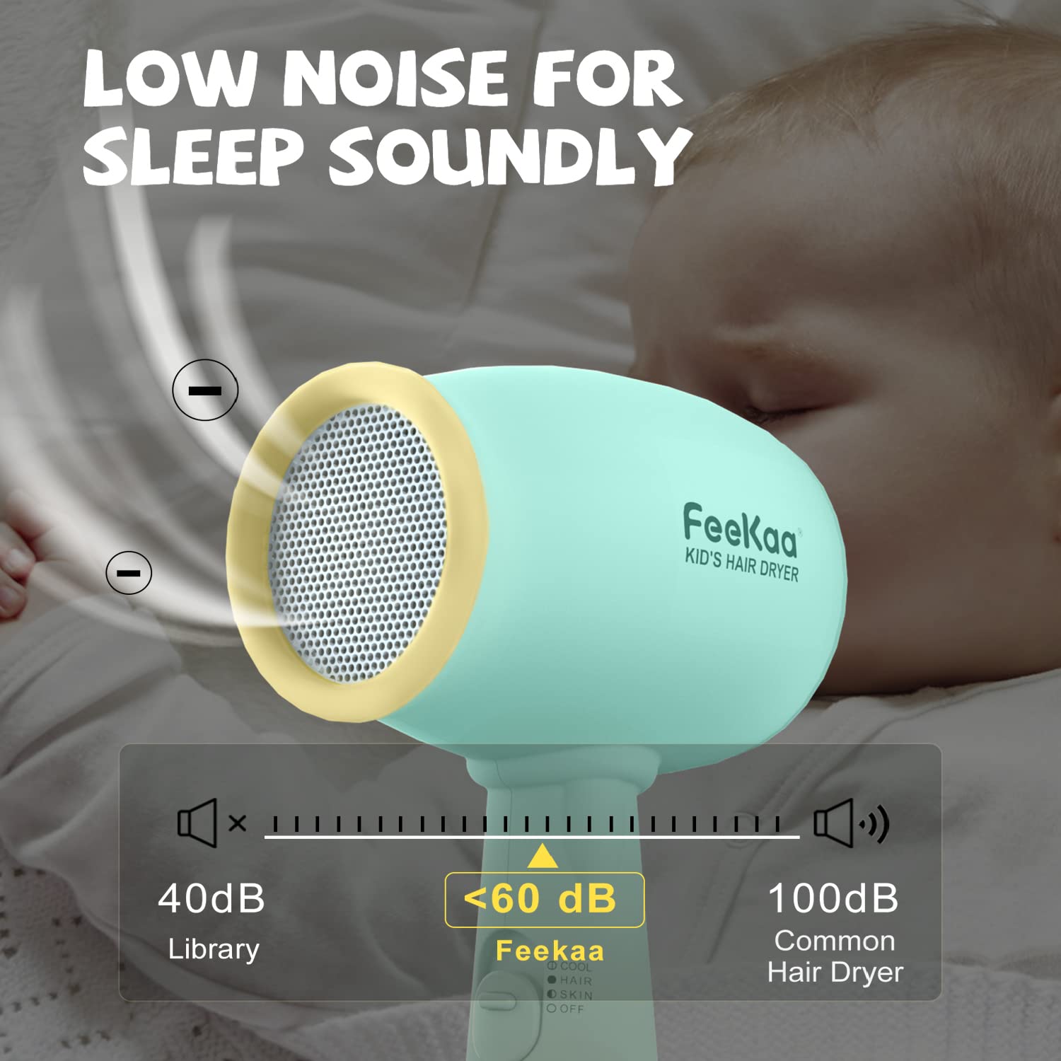 Feekaa secador para niños, modo piel bebe y temperatura suave.