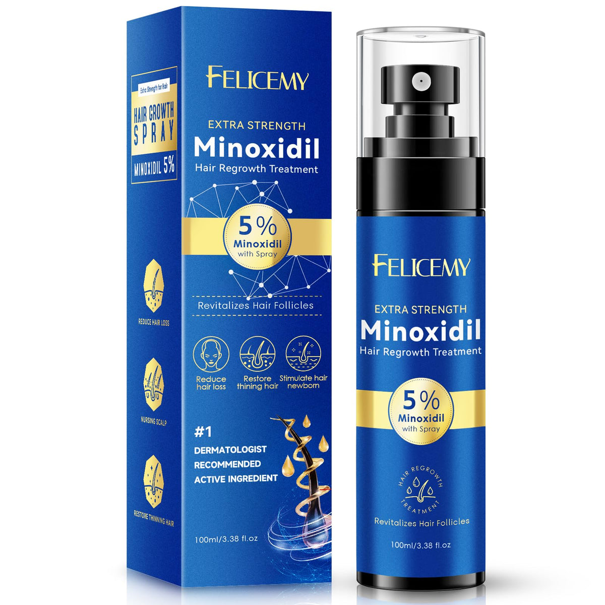 Felicemy Minoxidil 5% spray para crecimiento del cabello y cuero cabelludo.