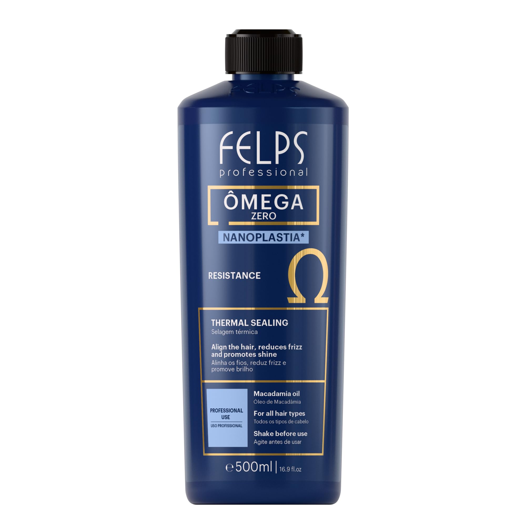 Felps Professional Omega Zero Nanoplastia, botella de 500 ml, ofrece reparación y brillo al cabello.