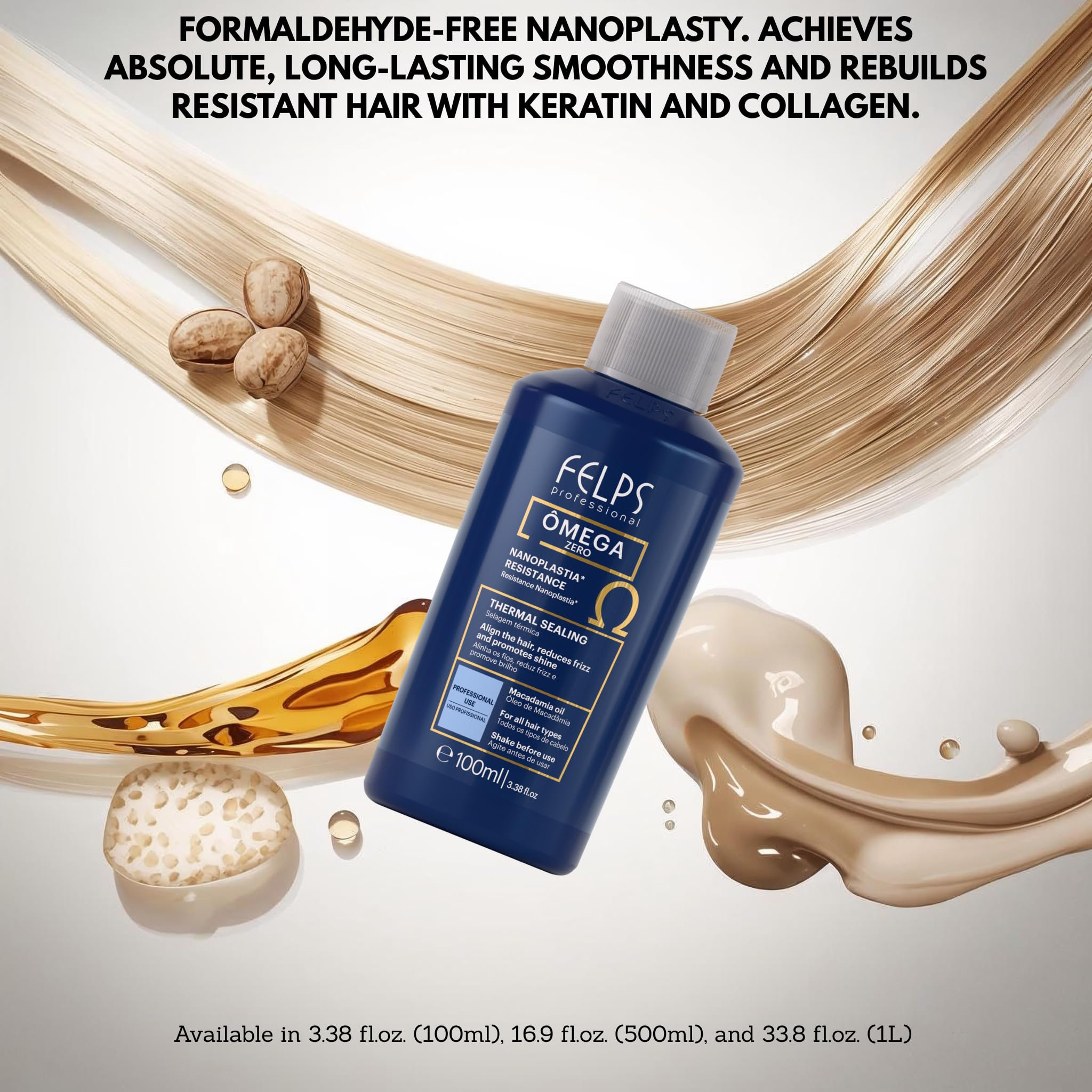 Resultados visibles con Felps Omega Zero Nanoplastia, cabello más resistente al calor y menos frizz.
