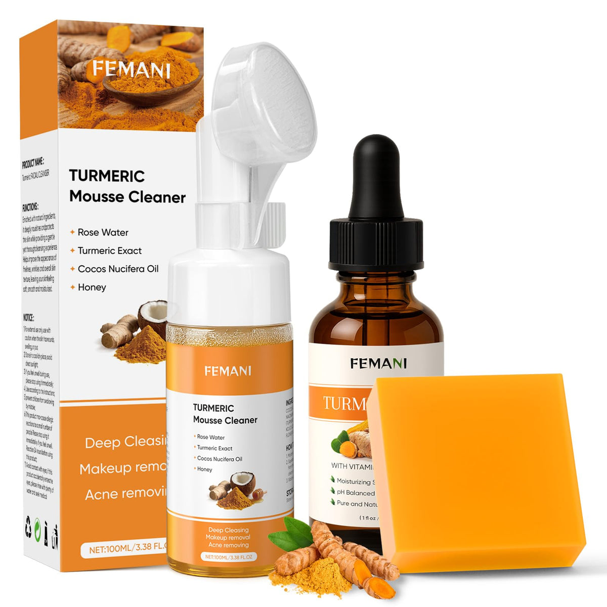 Femani limpiador curcuma rostro en botella para limpieza suave y revitalizante.