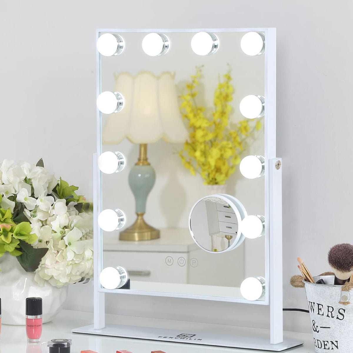 FENCHILIN Espejo de maquillaje con luz en estilo Hollywood para un acabado claro