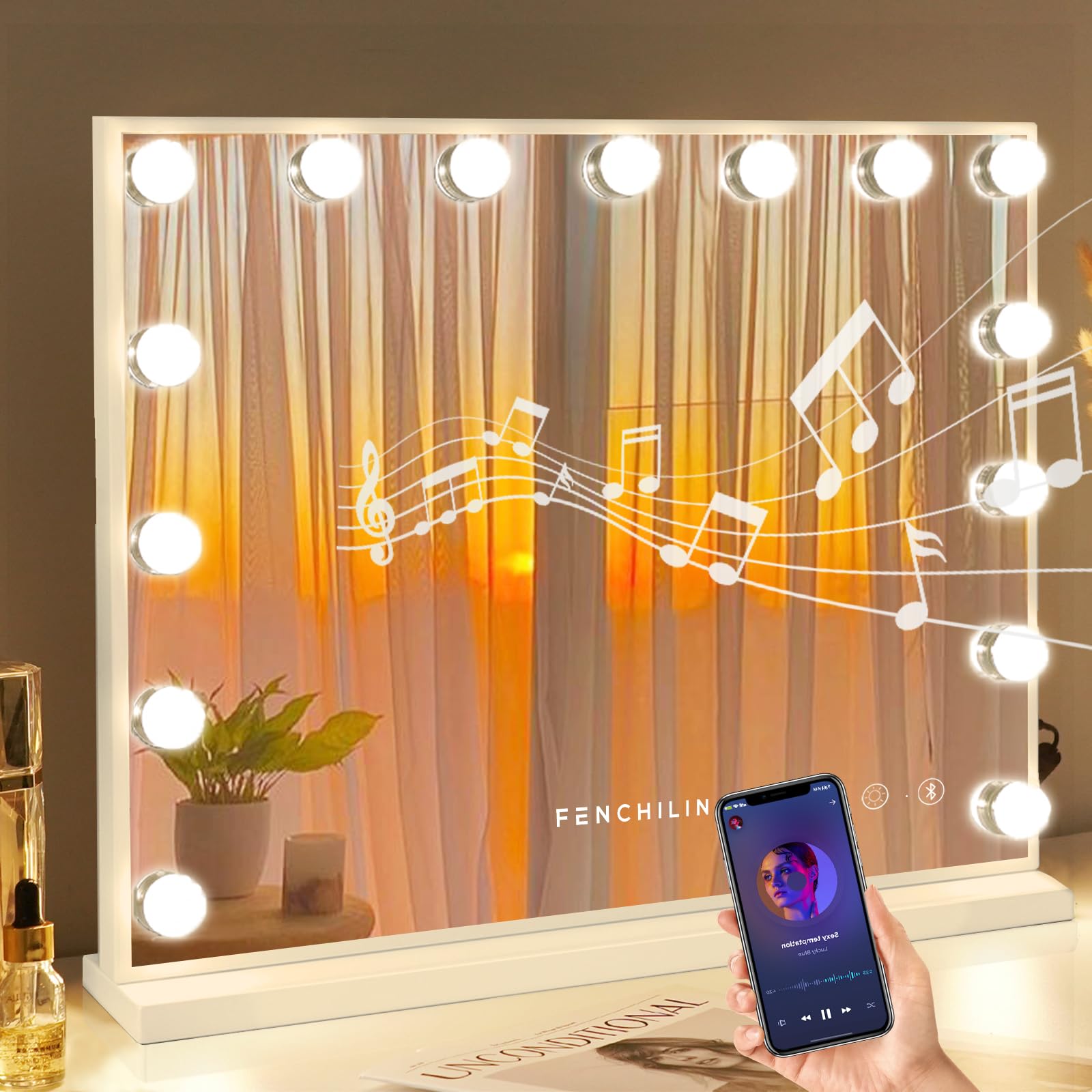 FENCHILIN espejo de vanidad iluminado con 15 LEDs para maquillaje preciso.
