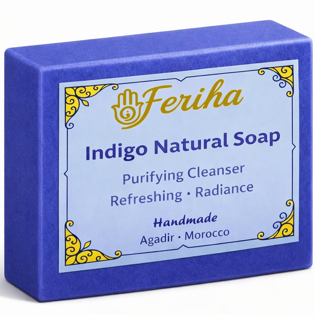 Jabón facial Indigo Nila de FERIHA, barra suave para piel radiante.