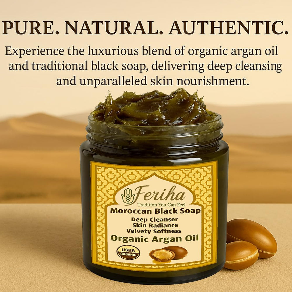 FERIHA jabón negro beldi, aceite de argán orgánico para nutrir la piel.