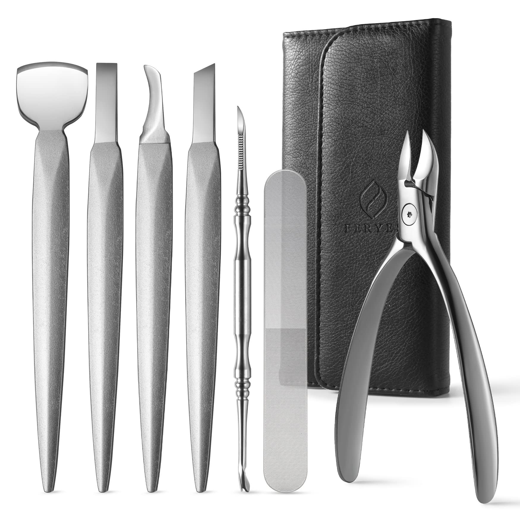 Kit FERYES de pedicure 7 piezas en estuche de cuero para transporte seguro.