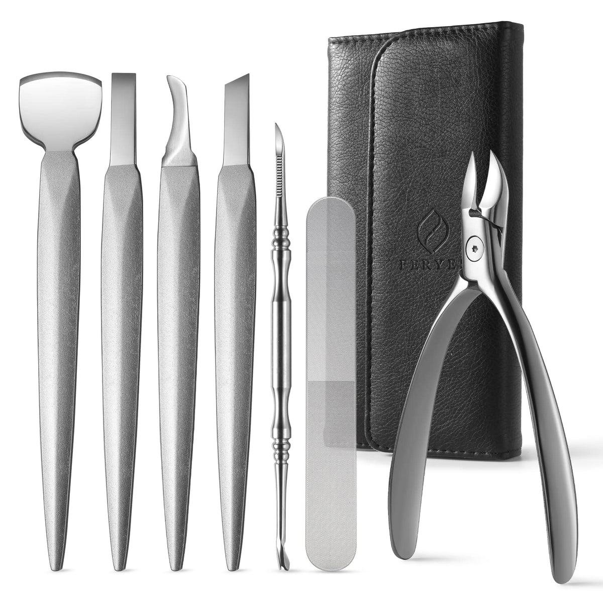 Kit FERYES de pedicure 7 piezas en estuche de cuero para transporte seguro.