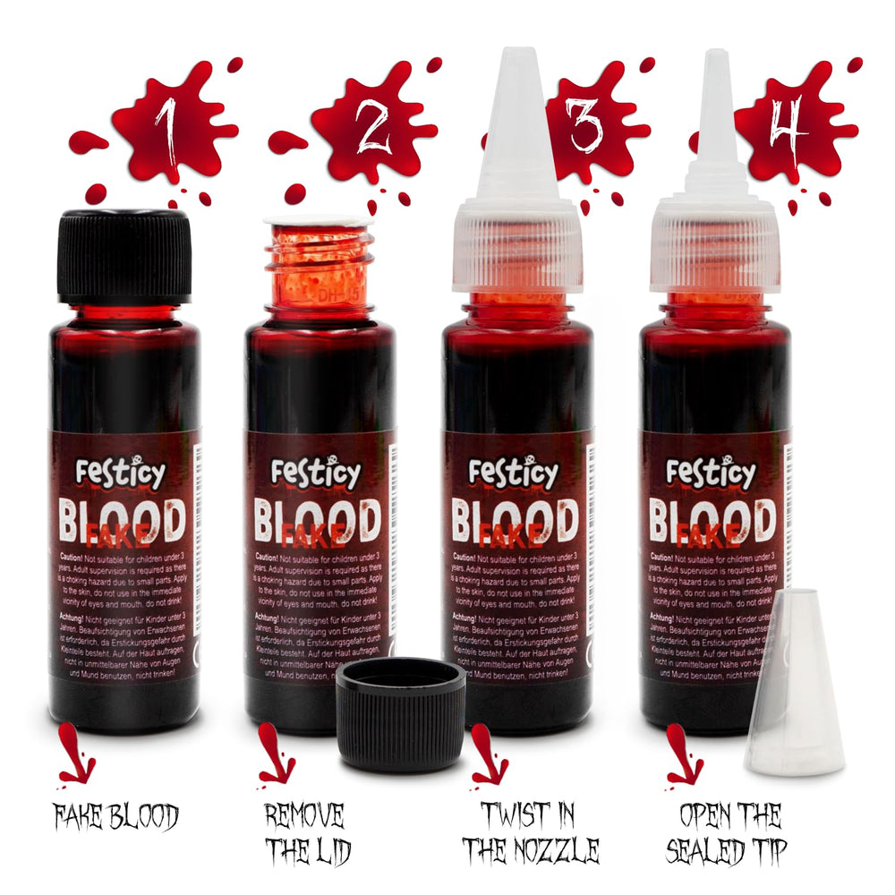 Festicy sangre falsa de limpieza fácil para piel y vestuario.
