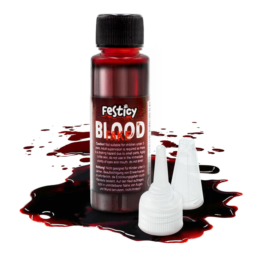 Festicy sangre falsa realista en botella para un look de vampiro impresionante.
