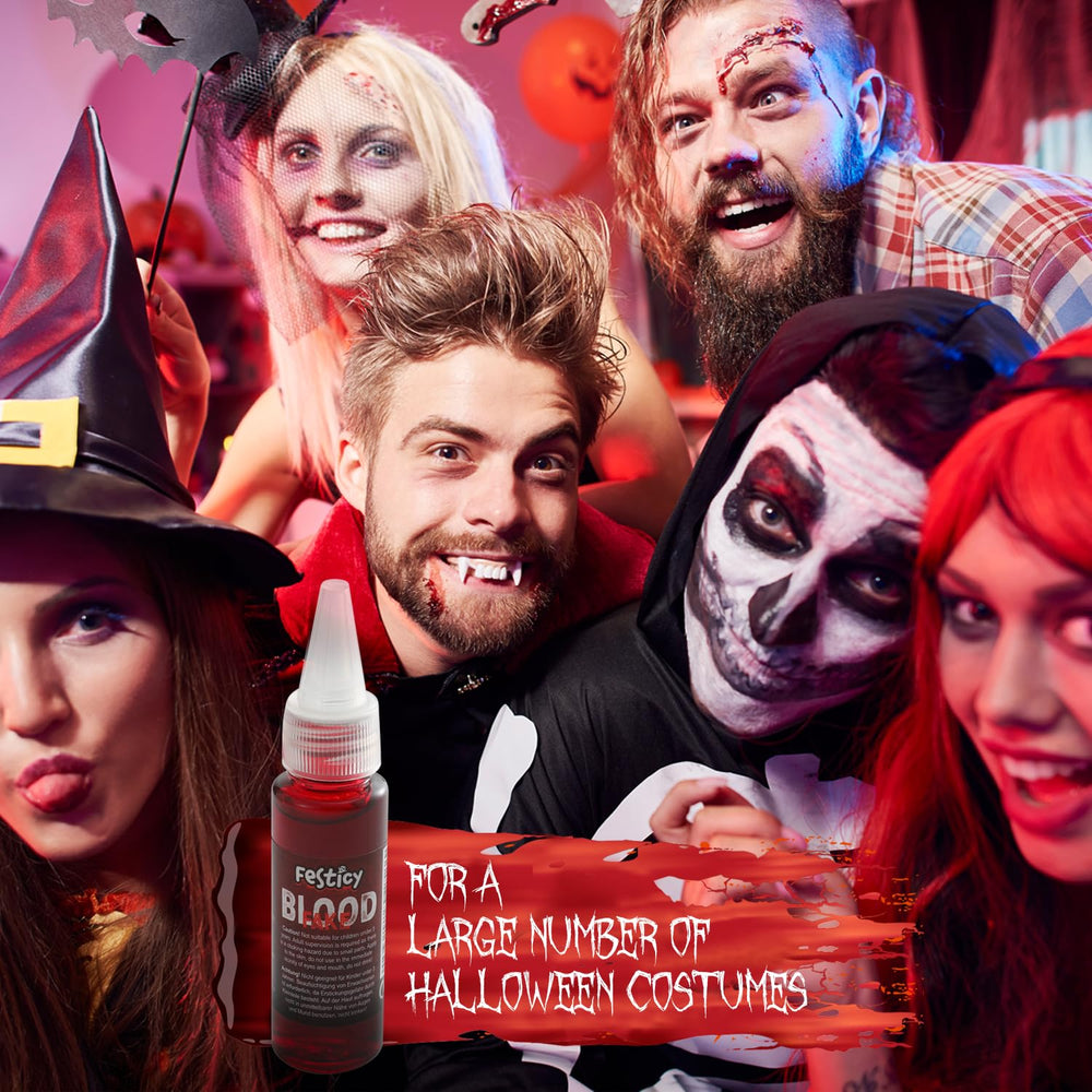 Festicy sangre falsa para uso en disfraces y decoraciones de miedo.