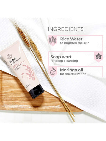 Fiico Rice-water brightness formula showcased for daily cleansing routine.