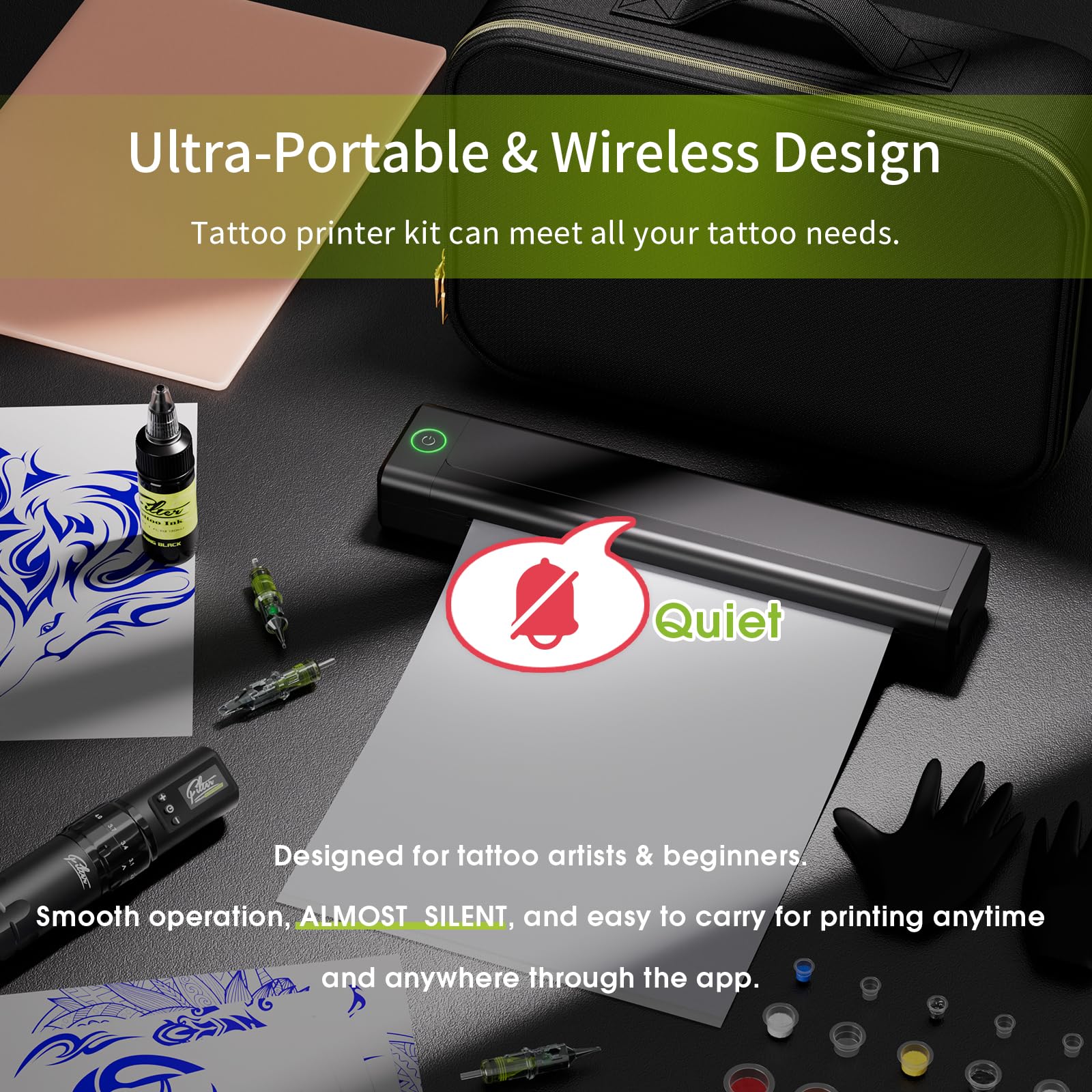 Impresora Filter Tattoo con batería integrada para sesiones sin cables.