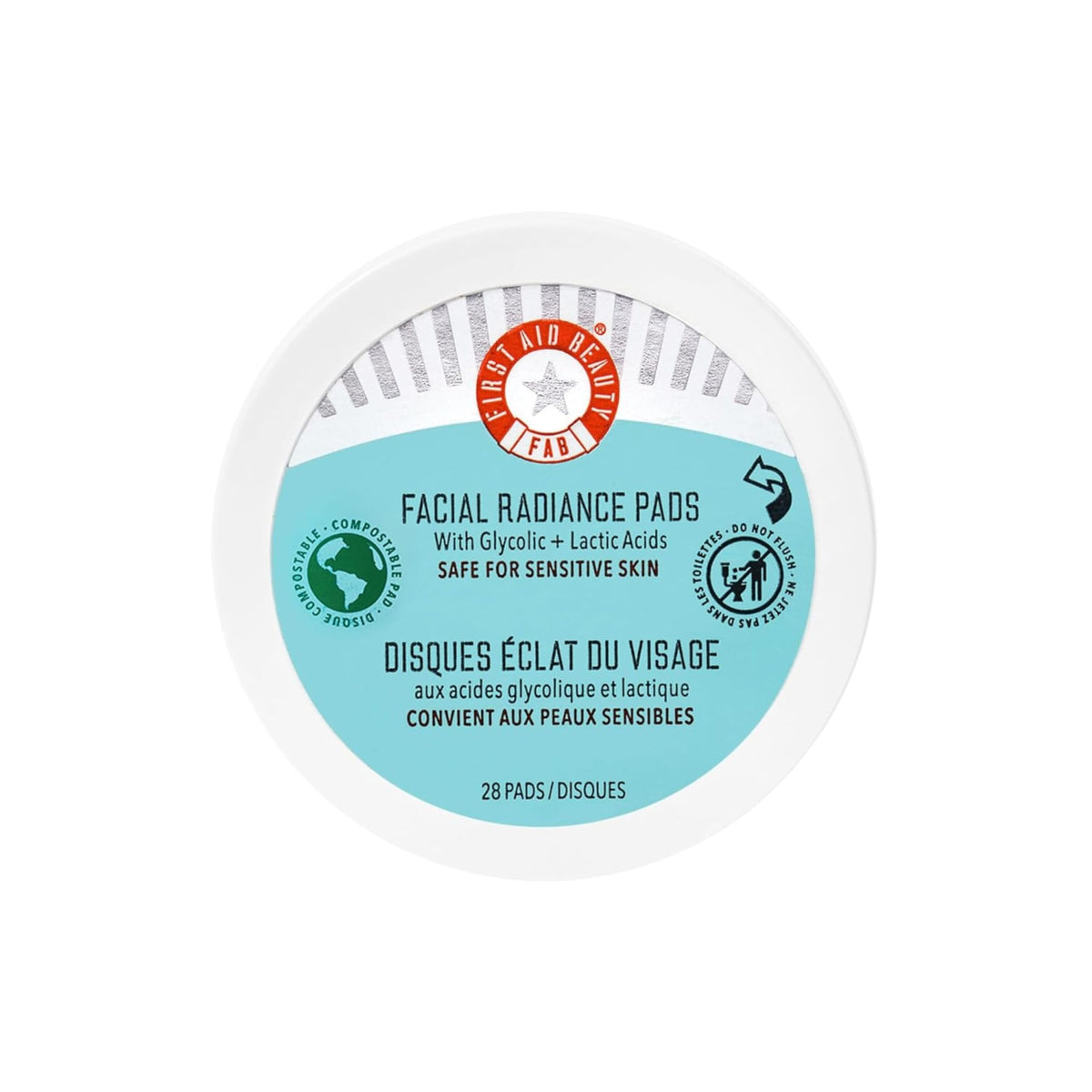 First Aid Beauty envase de discos exfoliantes para exfoliación diaria y cuidado de la piel