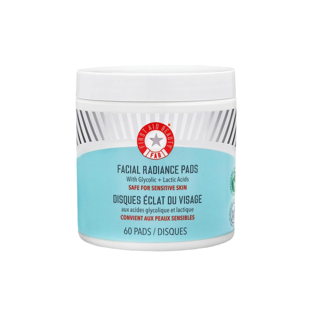 First Aid Beauty discos exfoliantes Radiance en empaque, exfolían suavemente y preparan la piel para el día.