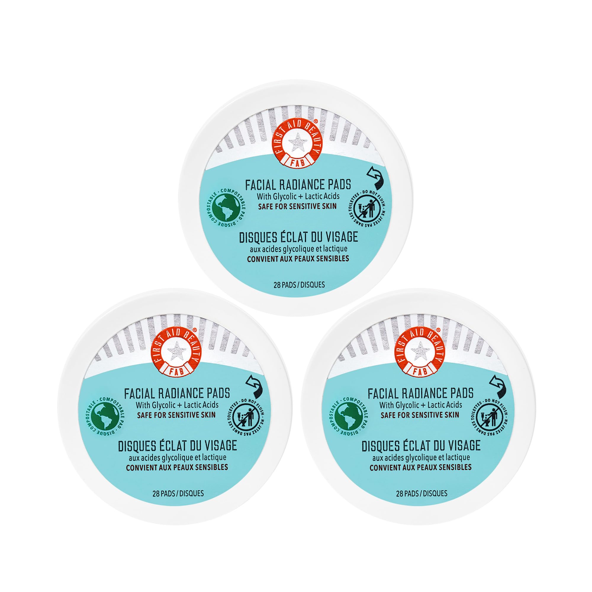 First Aid Beauty Facial Radiance Pads, empaque caja, exfoliación suave para piel sensible.