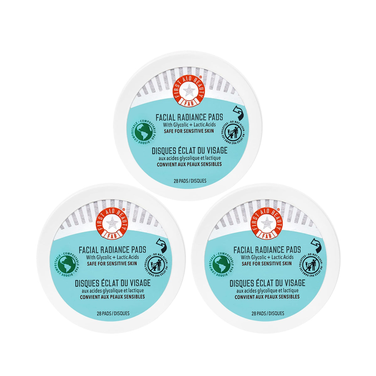 First Aid Beauty Facial Radiance Pads, empaque caja, exfoliación suave para piel sensible.