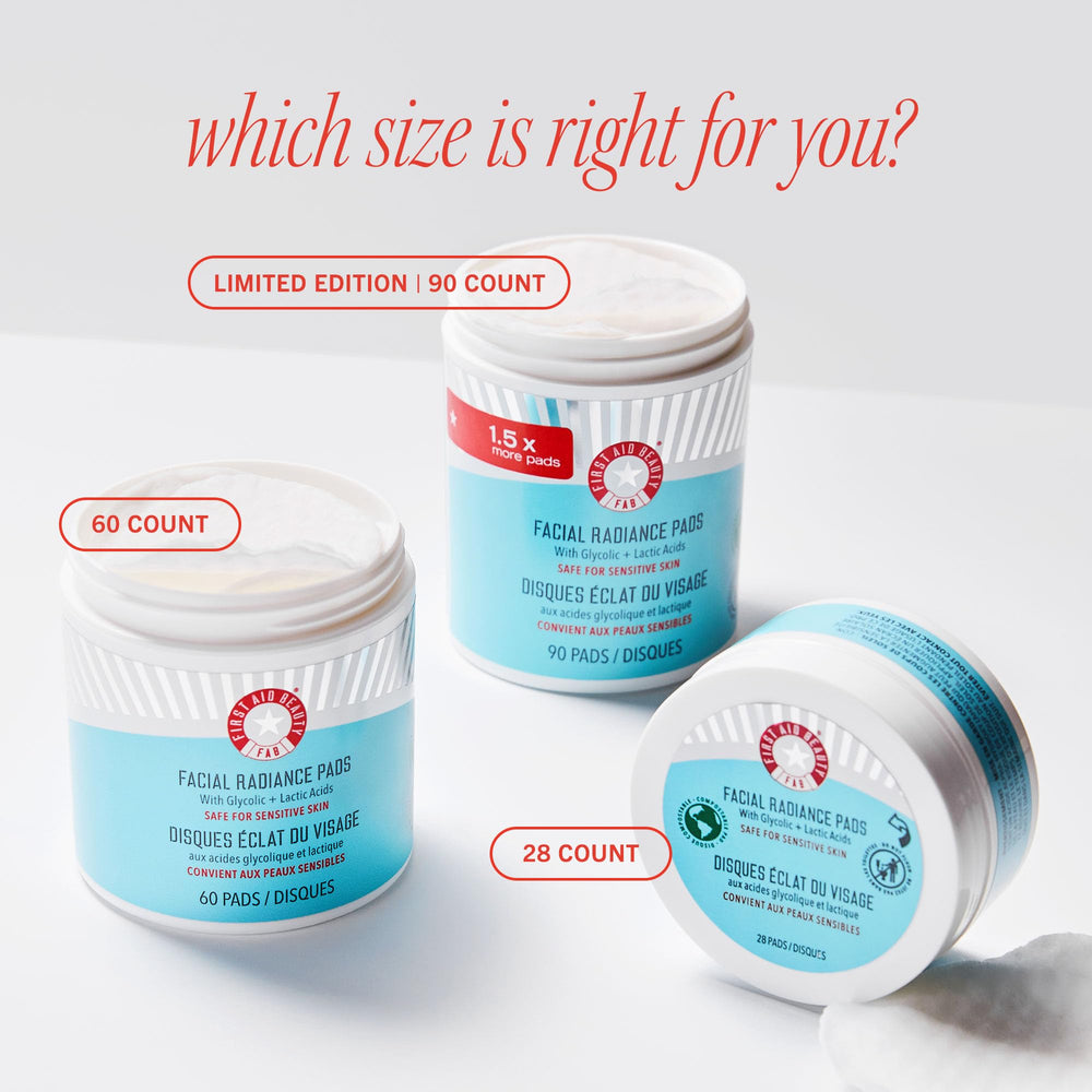 First Aid Beauty Facial Radiance Pads, libres de alcohol, aptas para piel sensible.