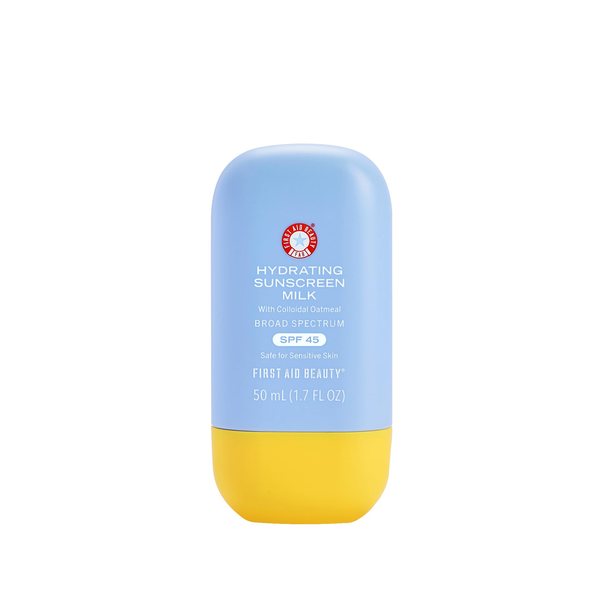 First Aid Beauty – emballage du lait solaire hydratant SPF45, pratique et élégant