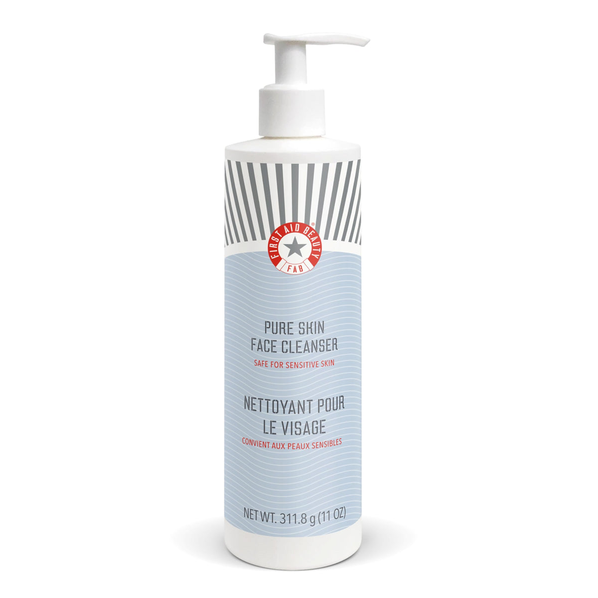 First Aid Beauty Pure Skin Face Cleanser en botella, ideal para piel sensible y uso diario.