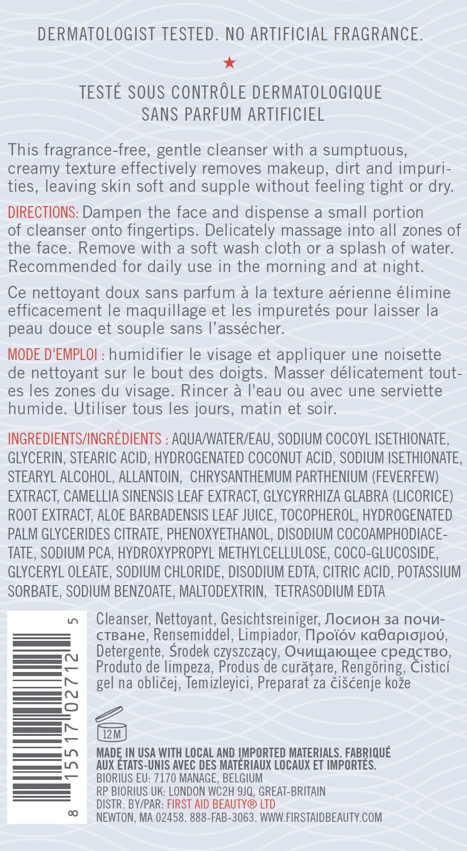 First Aid Beauty Pure Skin, libre de fragancias para piel sensible.