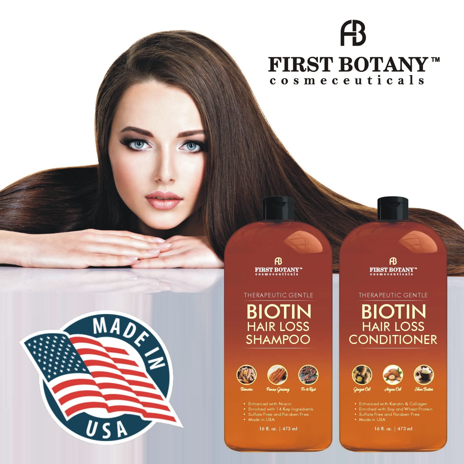 Après-shampooing First Botany, biotine, démêle et ajoute de la brillance.