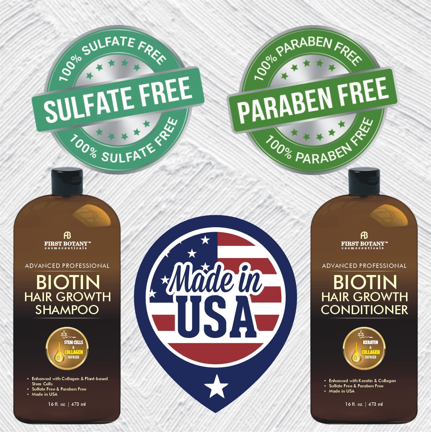 First Botany Biotina Shampoo, espuma cremosa, cabello limpio y nutrido.