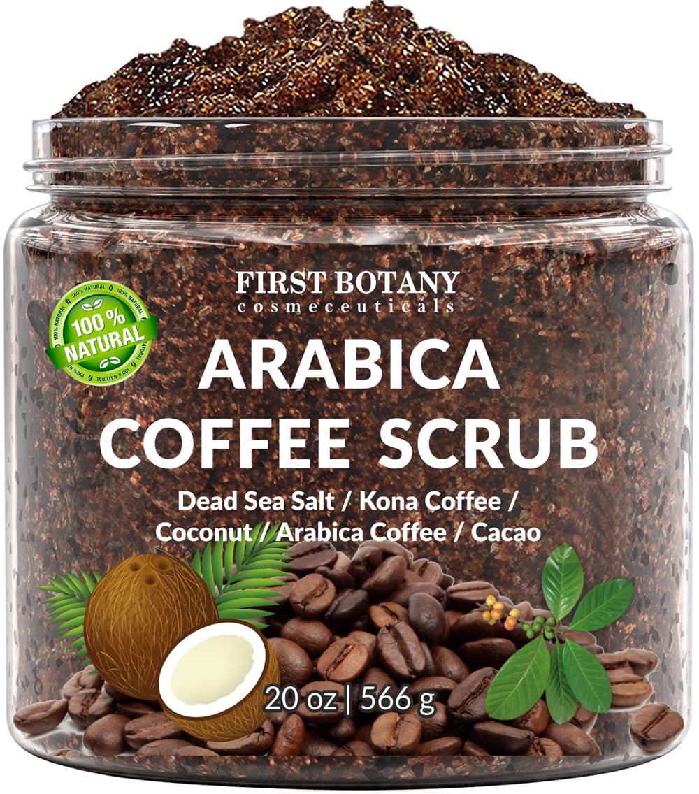 First Botany Cosmeceuticals exfoliante de café Arabica en frasco para piel suave.