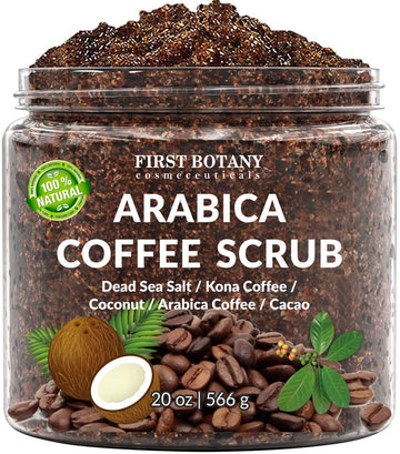 First Botany Cosmeceuticals exfoliante de café Arabica en frasco para piel suave.