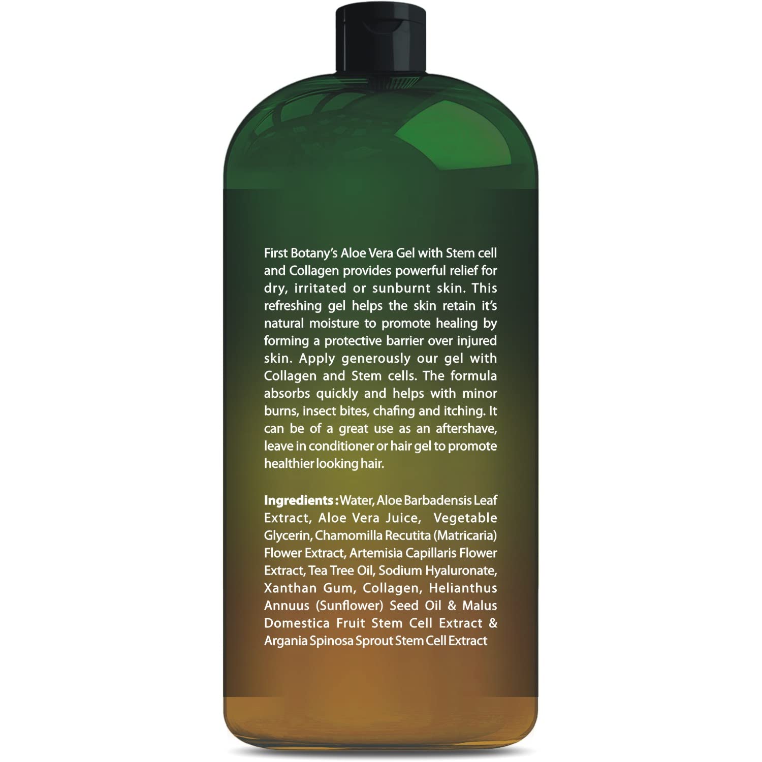 First Botany gel de aloe vera en la palma para aplicación diaria sobre la piel.