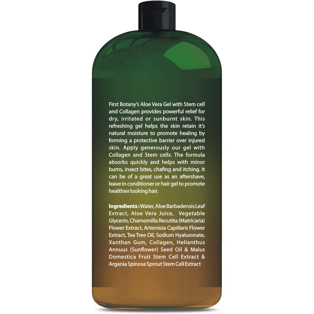 First Botany gel de aloe vera en la palma para aplicación diaria sobre la piel.