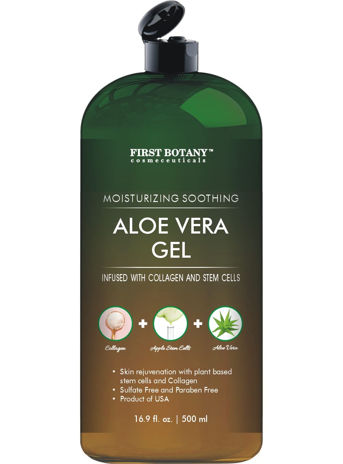 First Botany gel de aloe vera en botella, hidratación suave para rostro y cuerpo.