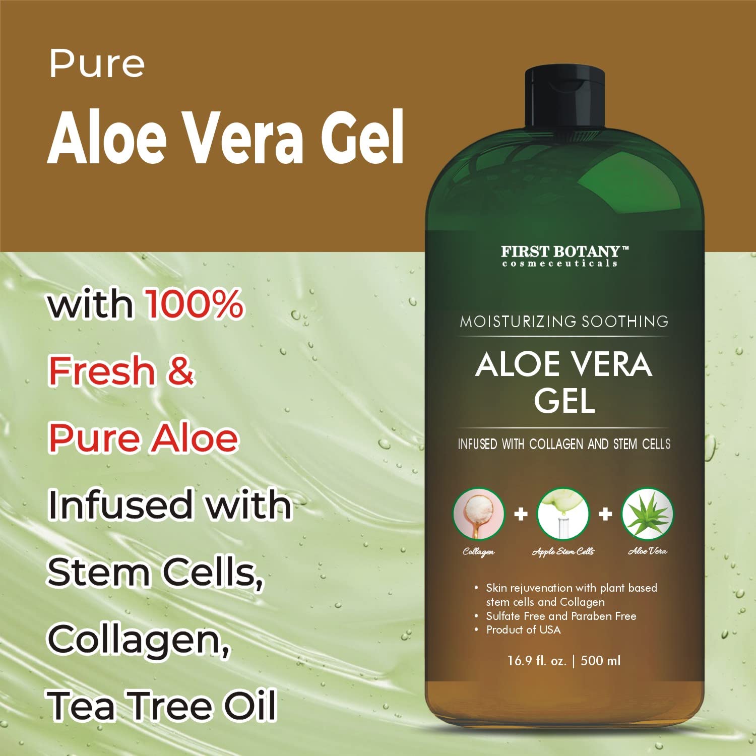 First Botany gel de aloe vera en la piel, hidratación diaria y sensación fresca.
