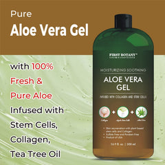 First Botany gel de aloe vera en la piel, hidratación diaria y sensación fresca.