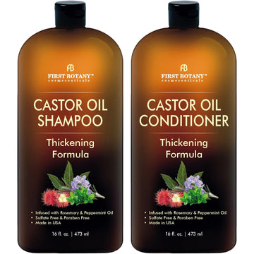Shampoing First Botany au ricin dans une bouteille, cheveux plus forts et propres.