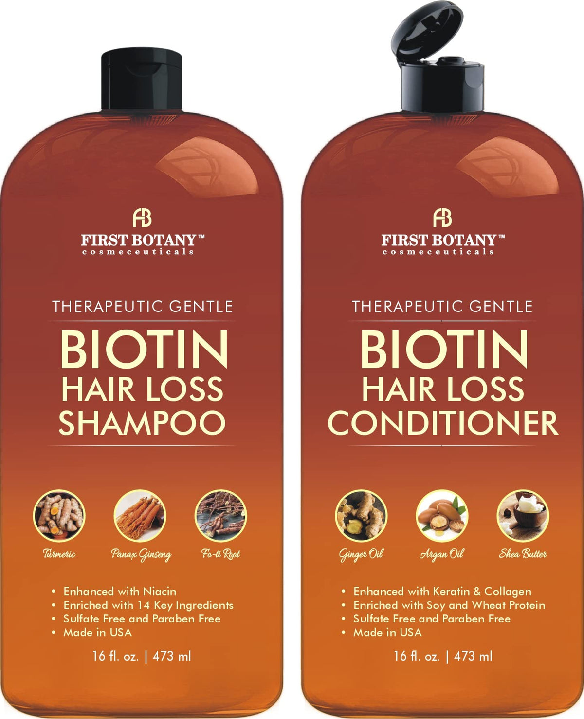 Shampooing First Botany à la biotine, bouteille anti-chute, nourrit les cheveux.