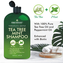 First Botany Tea Tree Mint Shampoo label highlights natural ingredients and scent.