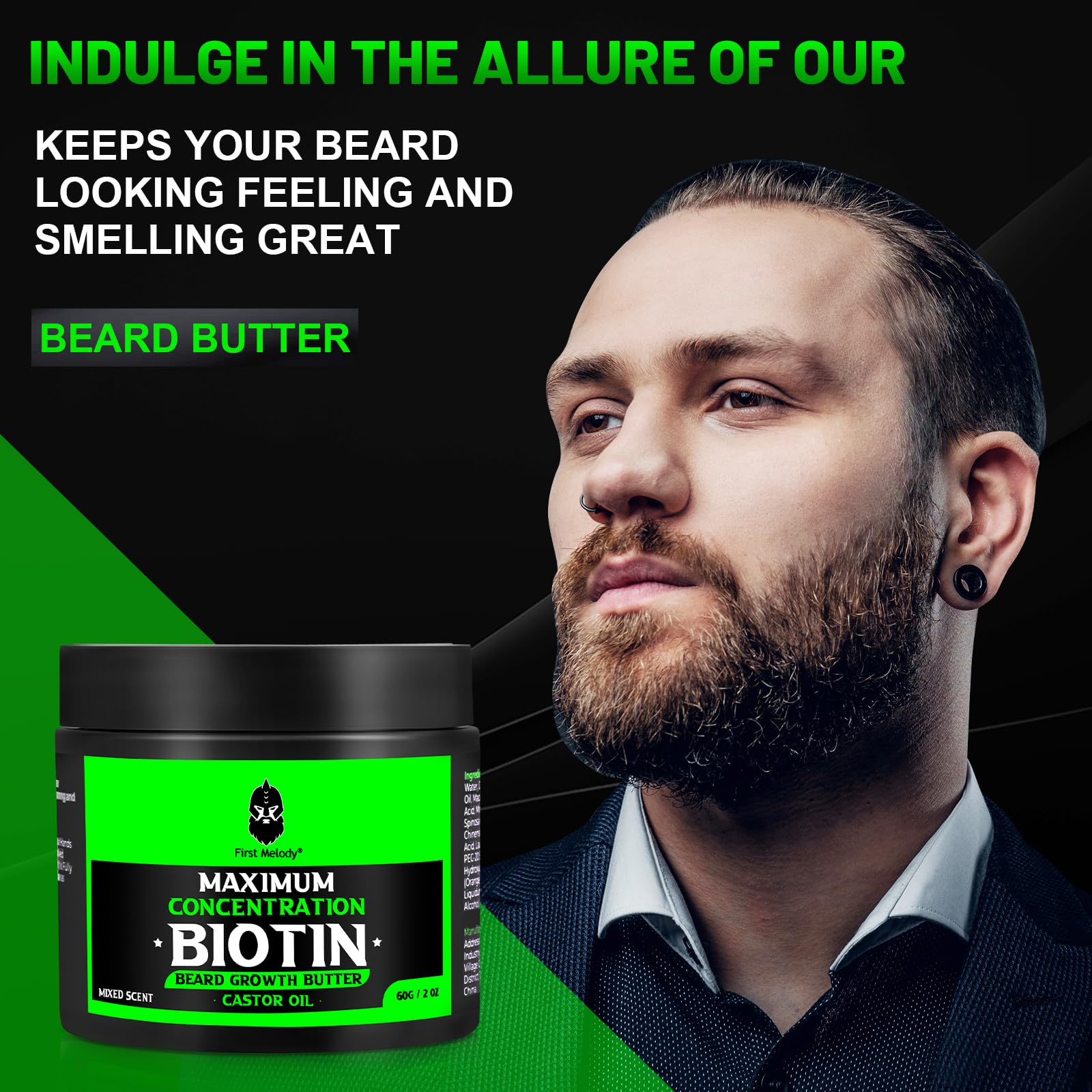 Beard Butter First Melody contiene vitamina E y jojoba para hidratación suave