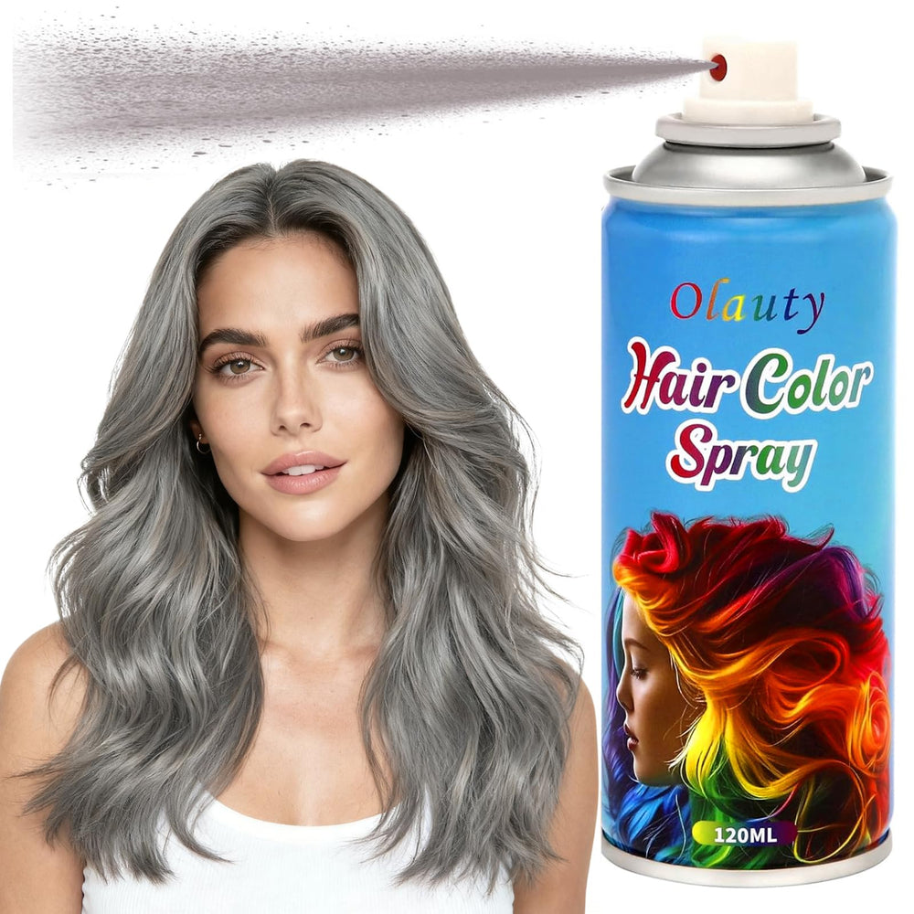 Firstfly spray gris para cabello: botella a la vista y color intenso.