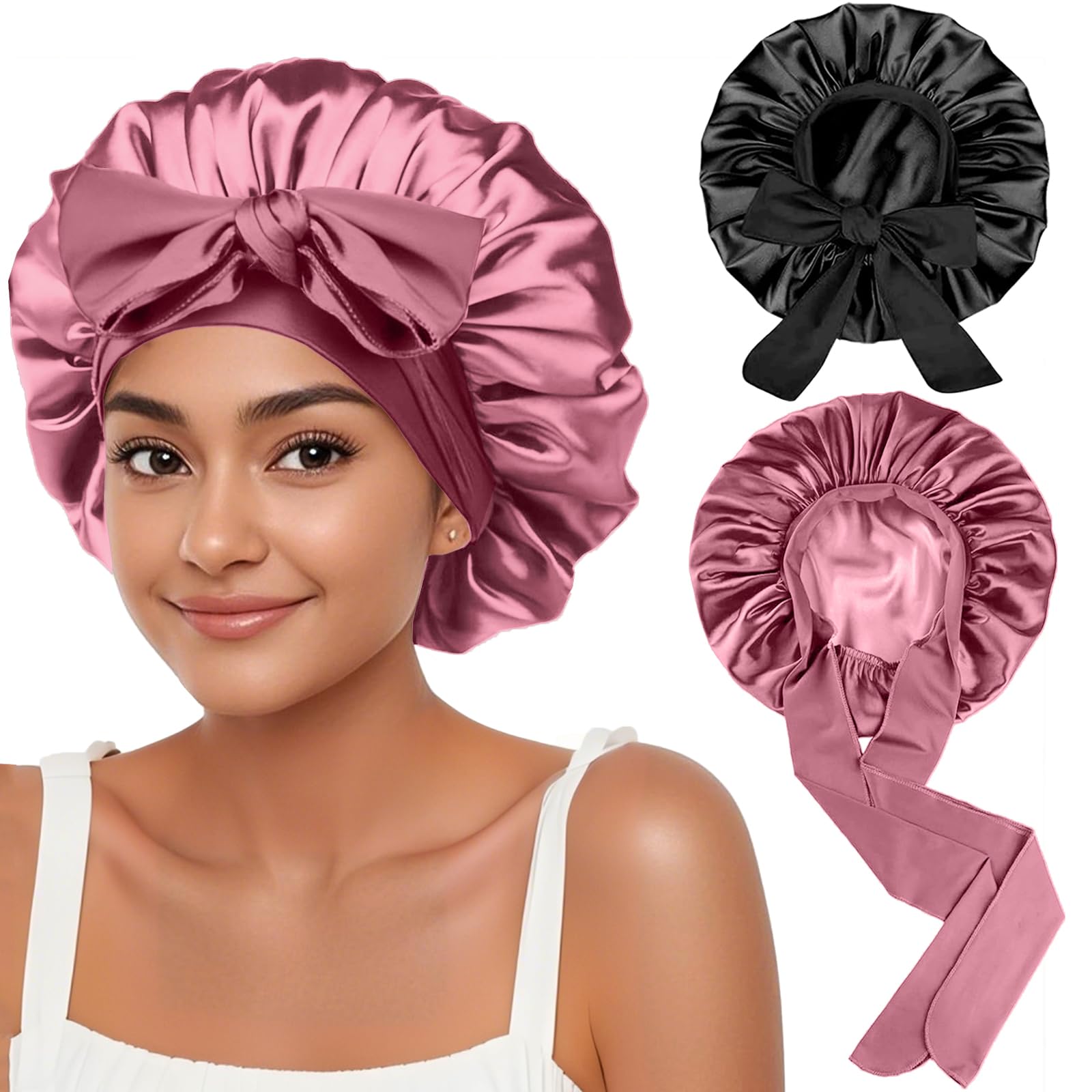 FIRSTPELLA bonete seda negro con detalle oro rosado para protección de mechones