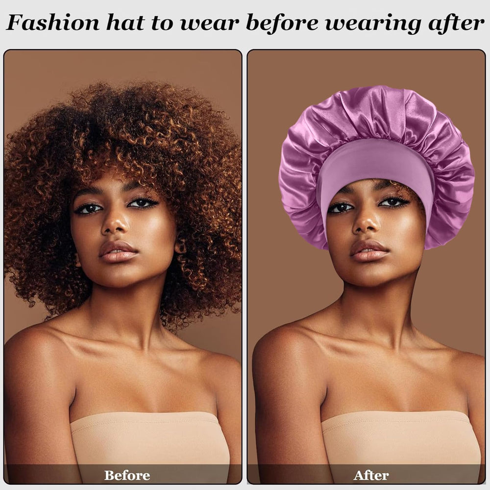 Bonete FIRSTPELLA morado para cabello rizado, reduce fricción durante la noche.