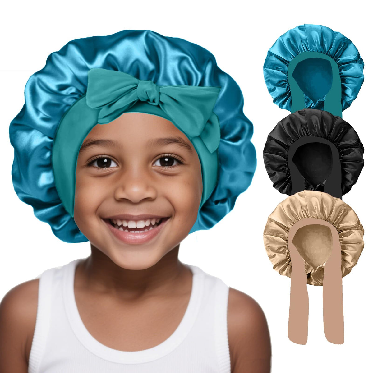 Gorro de satén FIRSTPELLA para niños en azul pavo real, ayuda a mantener el cabello hidratado.