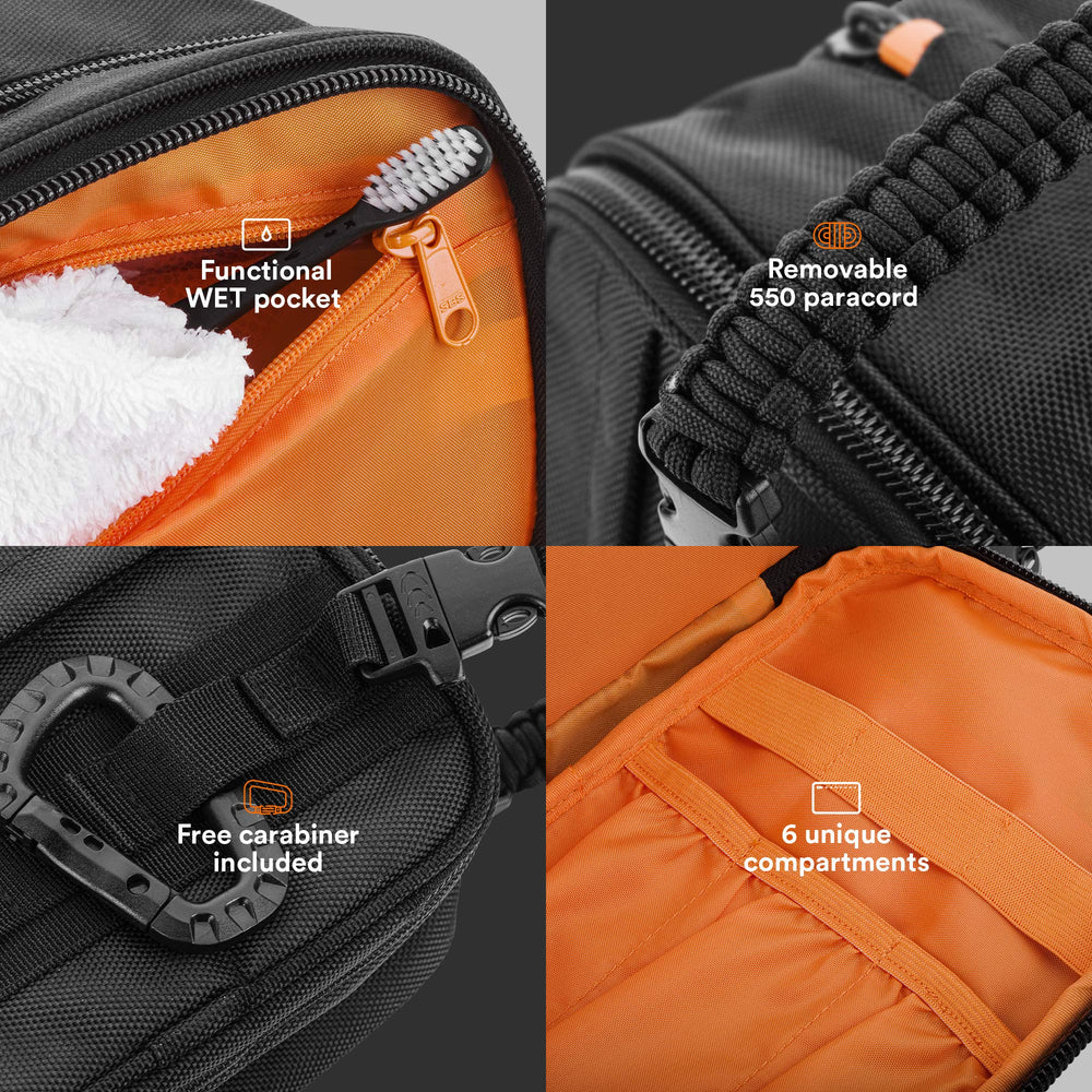 Fitdom Dopp Kit con paneles MOLLE para accesorios y herramientas fáciles de alcanzar.