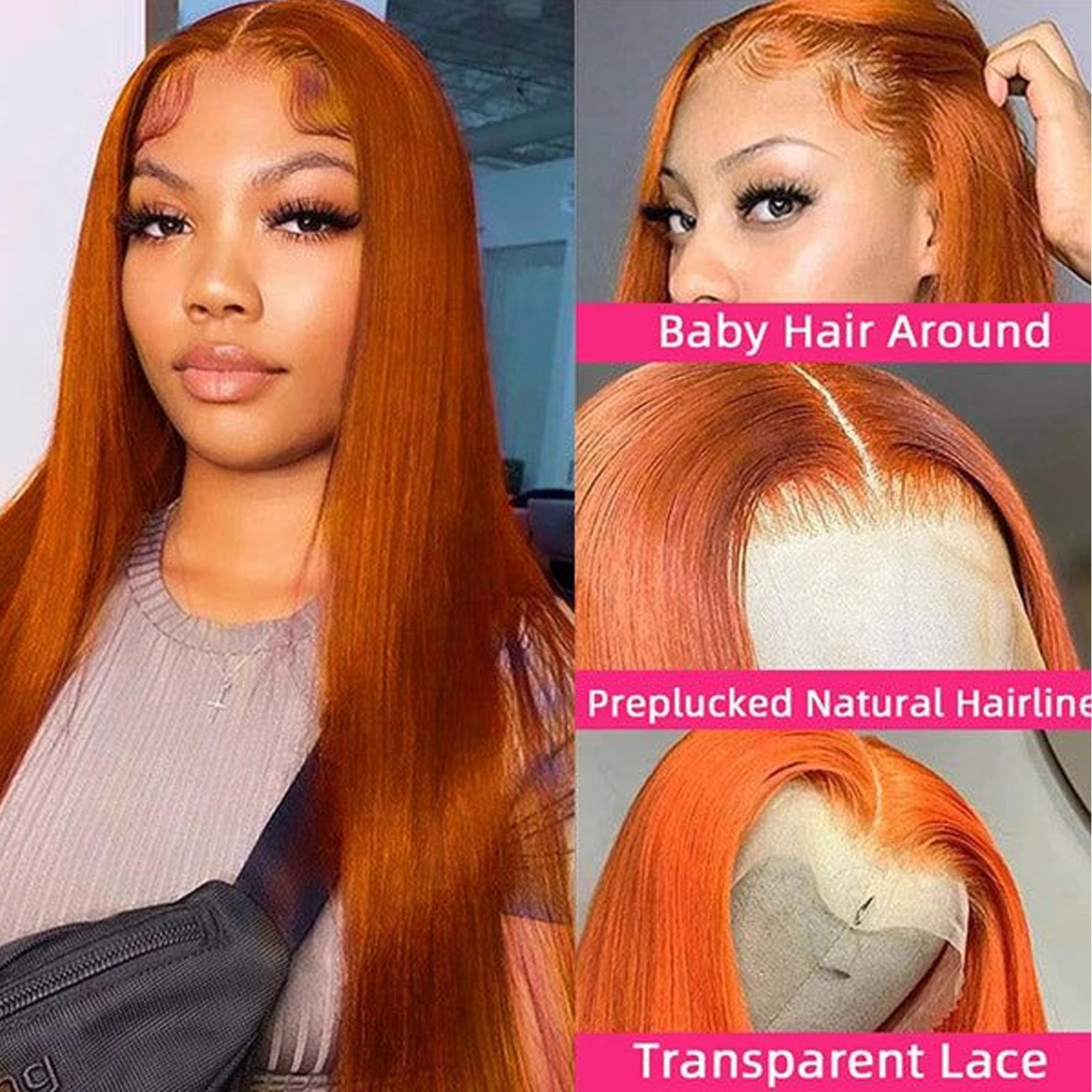 Peluca Fiumer jengibre naranja recta de 28 pulgadas para cabello liso